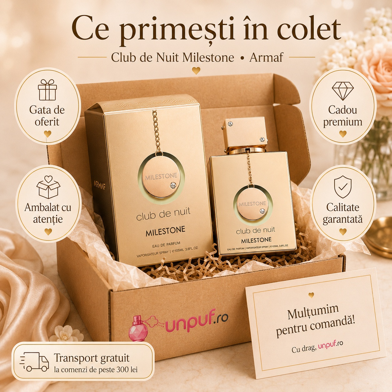 Ce primești &icirc;n colet Club De Nuit Milestone Armaf 105 ml parfum original, cutie premium, ambalare atentă și cadou premium