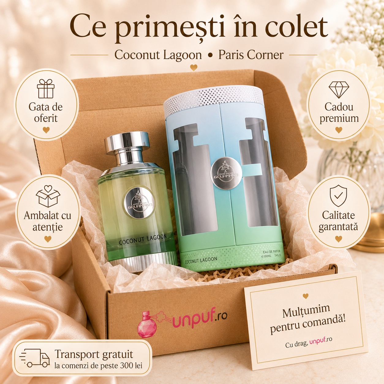 Ce primești în colet la parfumul Coconut Lagoon, ambalaj premium UnPuf.ro
