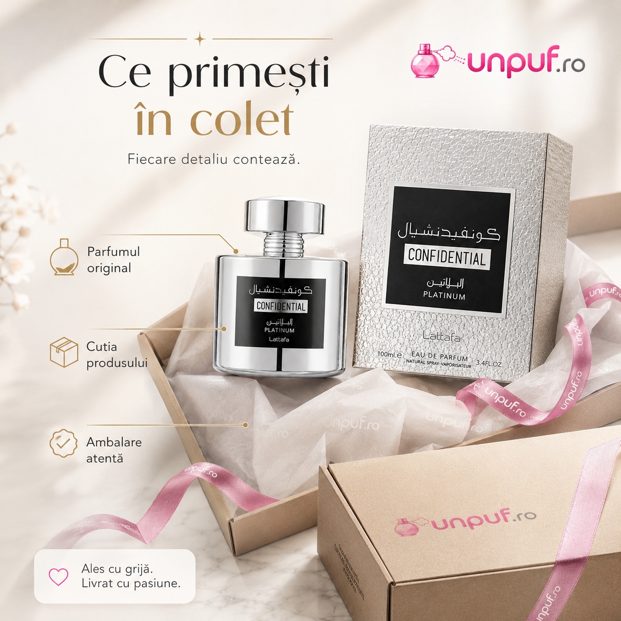 Colet parfum Confidential Platinum Lattafa ambalat cu atenție, parfum original și cutia produsului