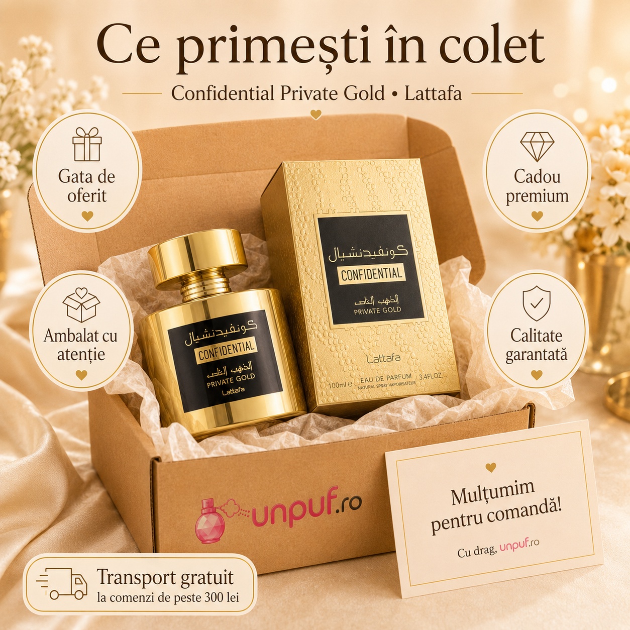 Colet parfum Confidential Private Gold Lattafa ambalat cu atenție, gata de oferit cadou premium