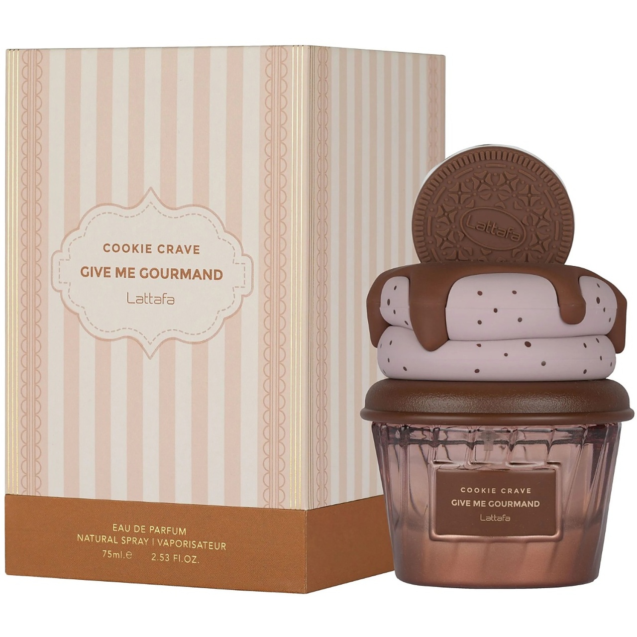 Cutie originală Cookie Crave Lattafa 75 ml și flacon cu design premium de desert
