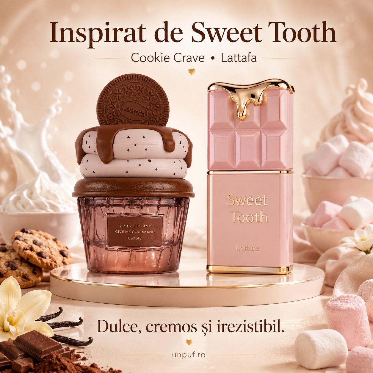 Cookie Crave Lattafa inspirat din Sweet Tooth, parfum unisex dulce cremos și gurmand
