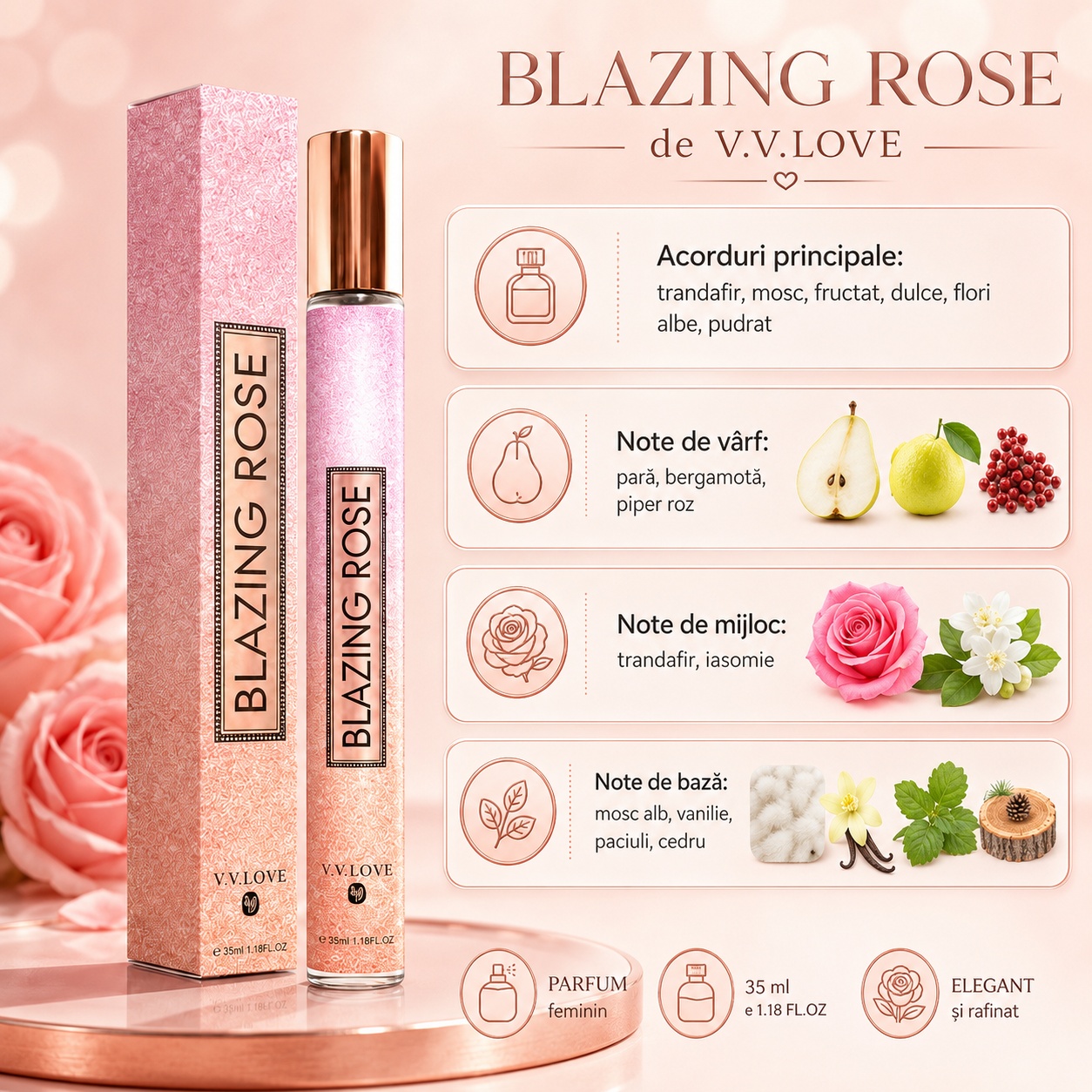 Note olfactive parfum Blazing Rose pară bergamotă piper roz trandafir iasomie mosc alb vanilie paciuli cedru
