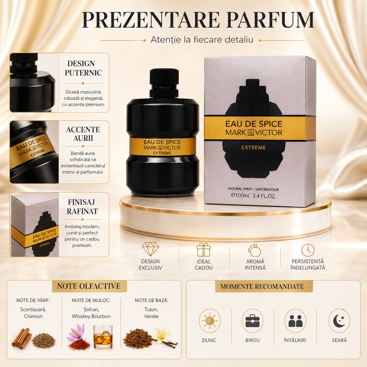 Prezentare parfum Eau De Spice Extreme Mark & Victor cu detalii despre design, ambalaj, note olfactive și momente recomandate