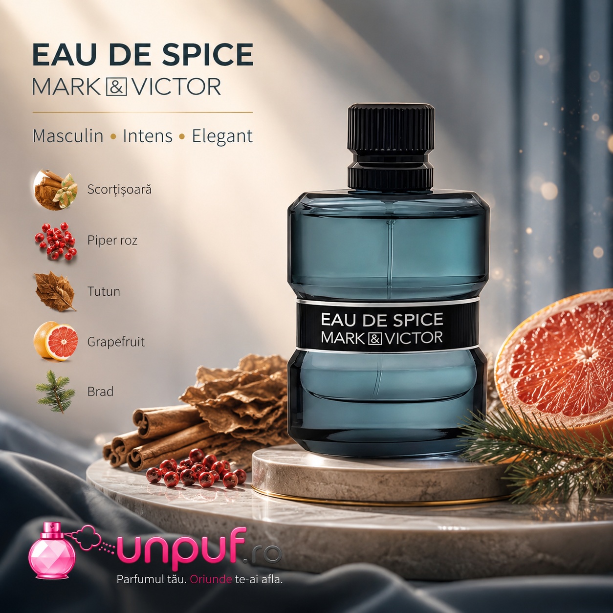 Eau de Spice Mark & Victor parfum masculin intens elegant cu scorțișoară piper roz tutun grapefruit și brad