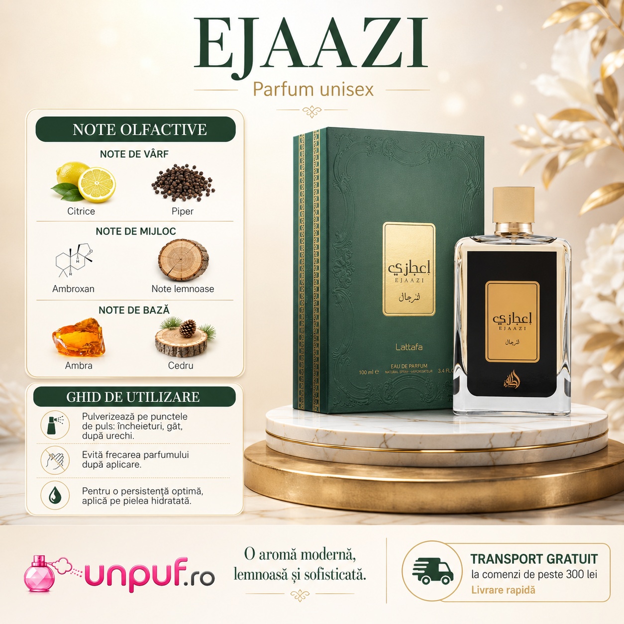 Ejaazi Lattafa parfum cu note olfactive citrice piper ambroxan note lemnoase ambră și cedru, ghid de utilizare