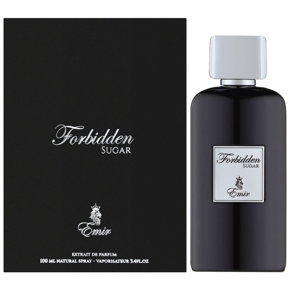 Cutie originală Forbidden Sugar Emir 100 ml și flacon negru lucios cu capac argintiu