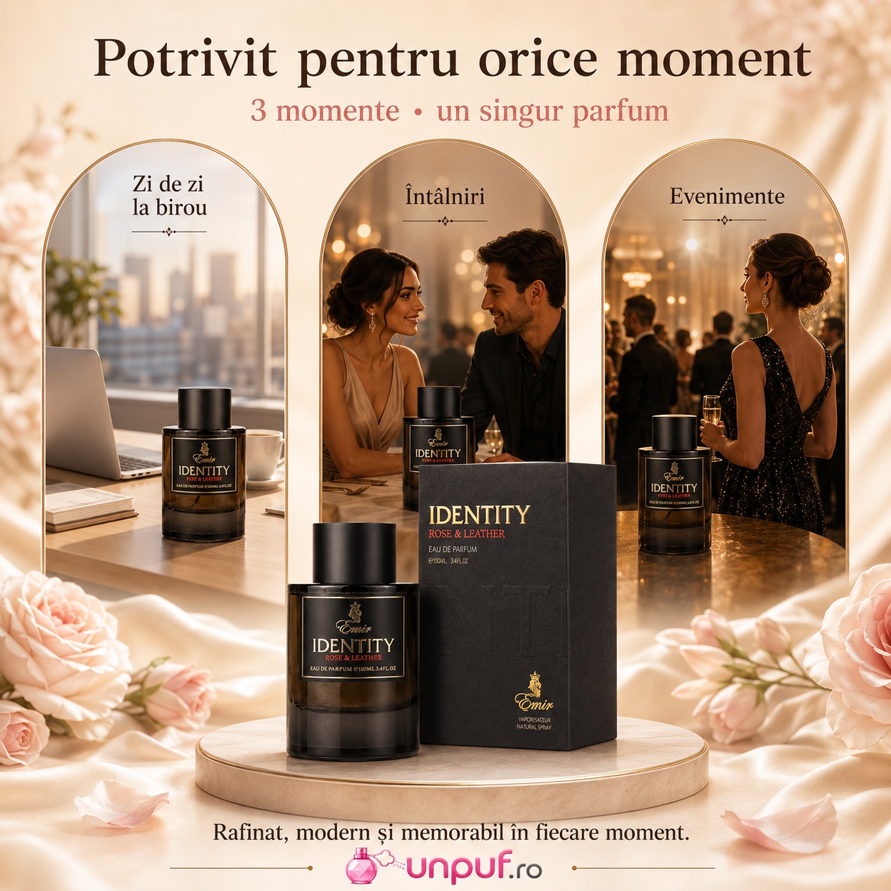 Identity Rose & Leather Emir potrivit pentru zi de zi la birou, &icirc;nt&acirc;lniri și evenimente, parfum rafinat modern și memorabil