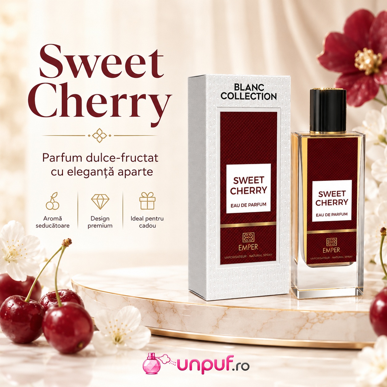 Sweet Cherry Emper parfum dulce fructat cu eleganță aparte, aromă seducătoare, design premium și ideal pentru cadou