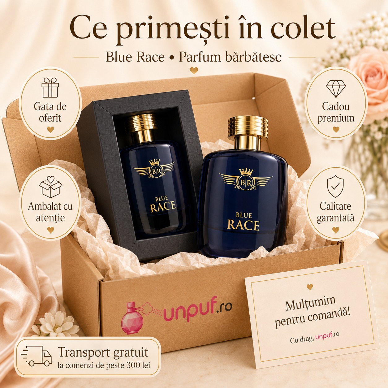 Colet parfum Emper Blue Race ambalat cu atenție, gata de oferit cadou premium cu brand unpuf.ro