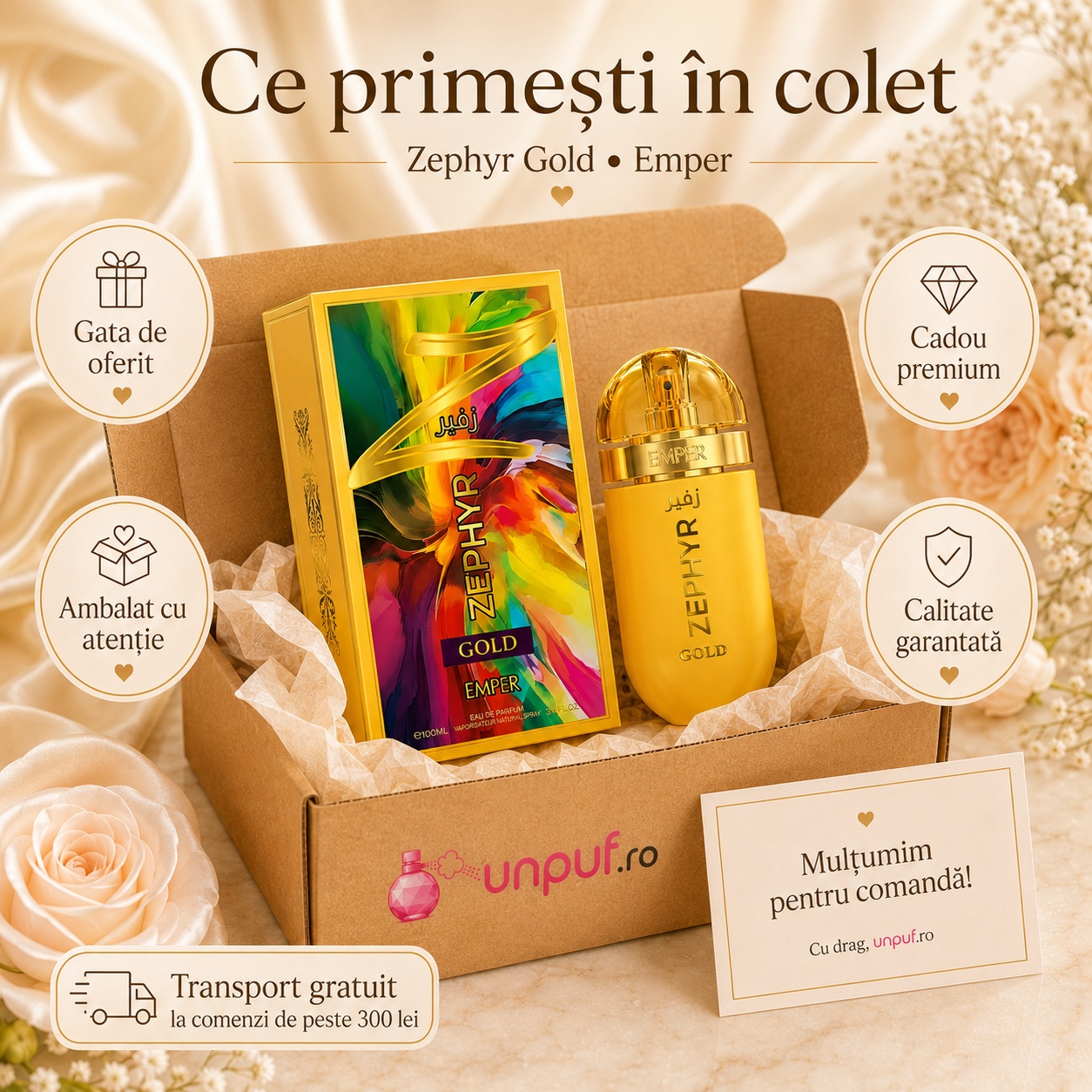 Colet parfum Emper Zephyr Gold 100 ml ambalat cu atenție, cadou premium, transport gratuit și card de mulțumire unpuf.ro