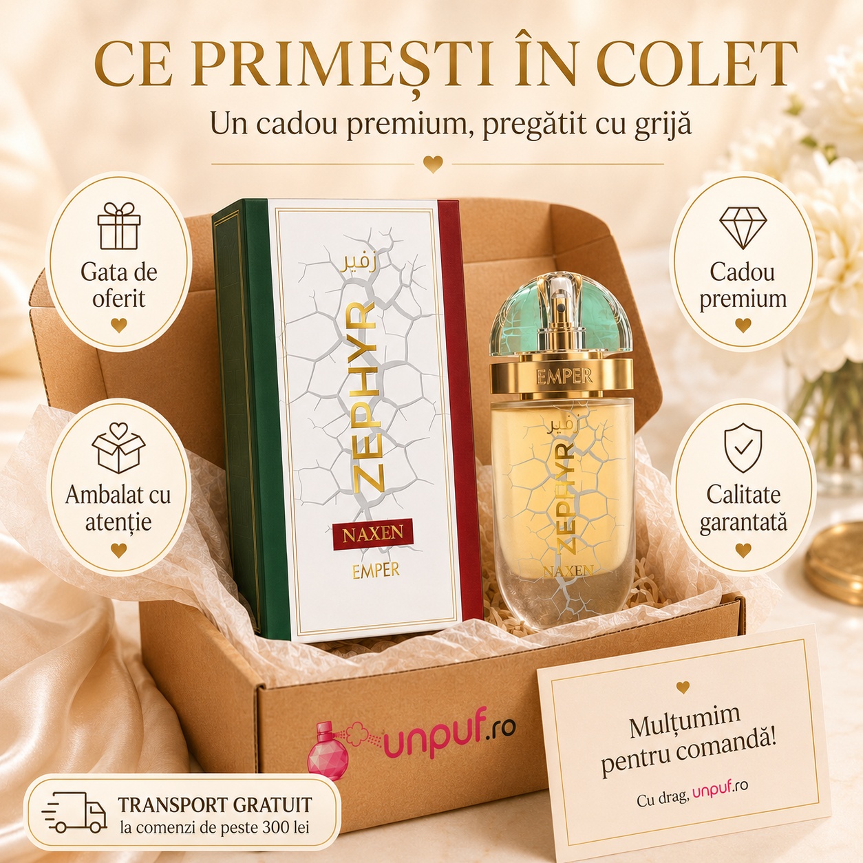 Colet parfum Emper Zephyr Naxen ambalat cu atenție, gata de oferit cadou premium cu brand unpuf.ro și transport gratuit la comenzi peste 300 lei