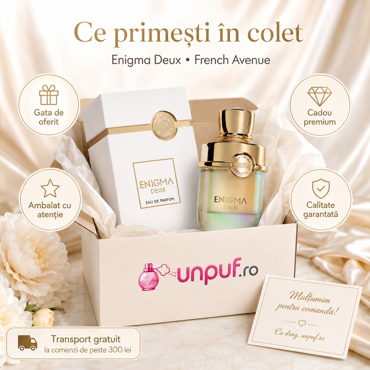 Colet parfum Enigma Deux French Avenue ambalat cu atenție, gata de oferit cadou premium cu brand unpuf.ro și transport gratuit la comenzi peste 300 lei