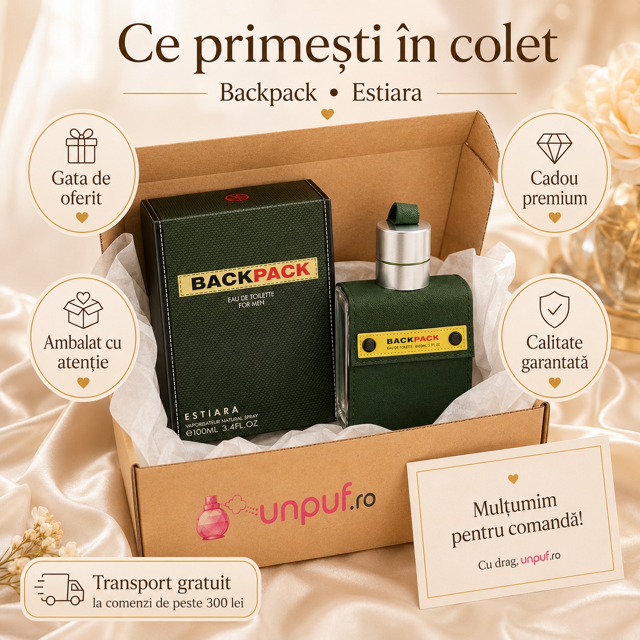 Ce primești în colet la parfumul Estiara Backpack, ambalaj premium UnPuf.ro