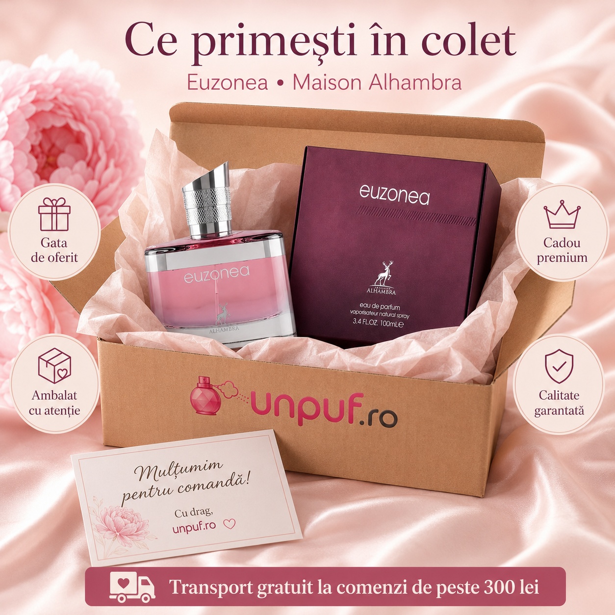 Ce primești &icirc;n colet pentru Euzonea Maison Alhambra, parfum și cutie originală, cadou premium și ambalare atentă unpuf.ro