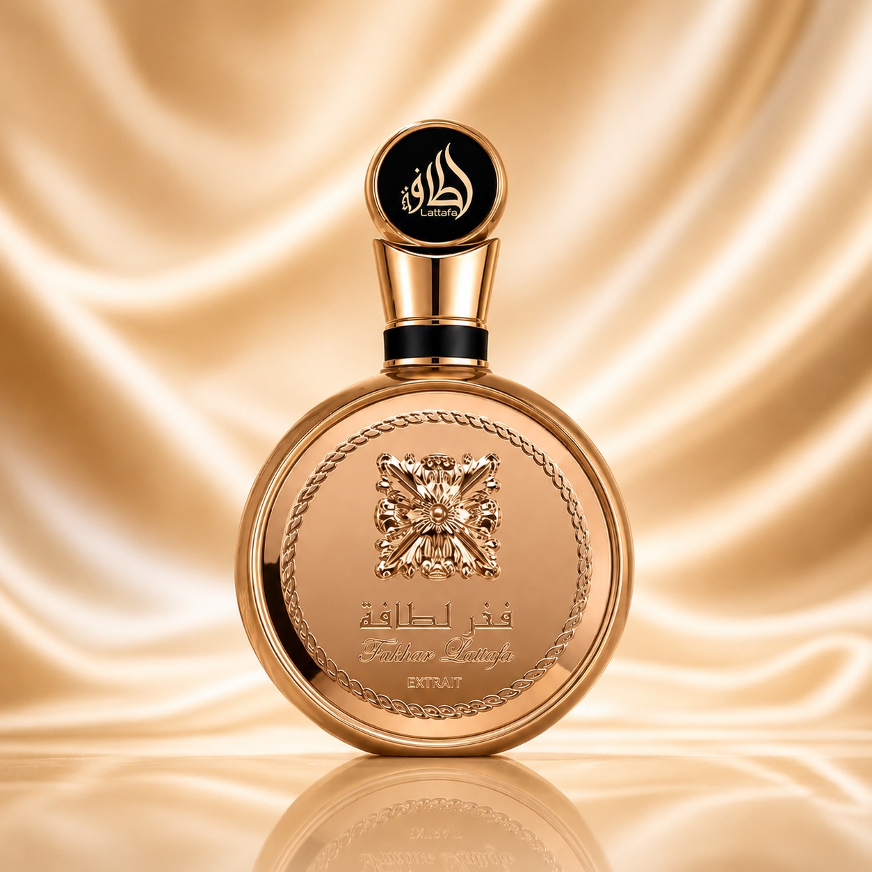 Flacon Fakhar Extrait Gold Lattafa Pride 100 ml parfum bărbătesc auriu cu detalii negre și design luxos