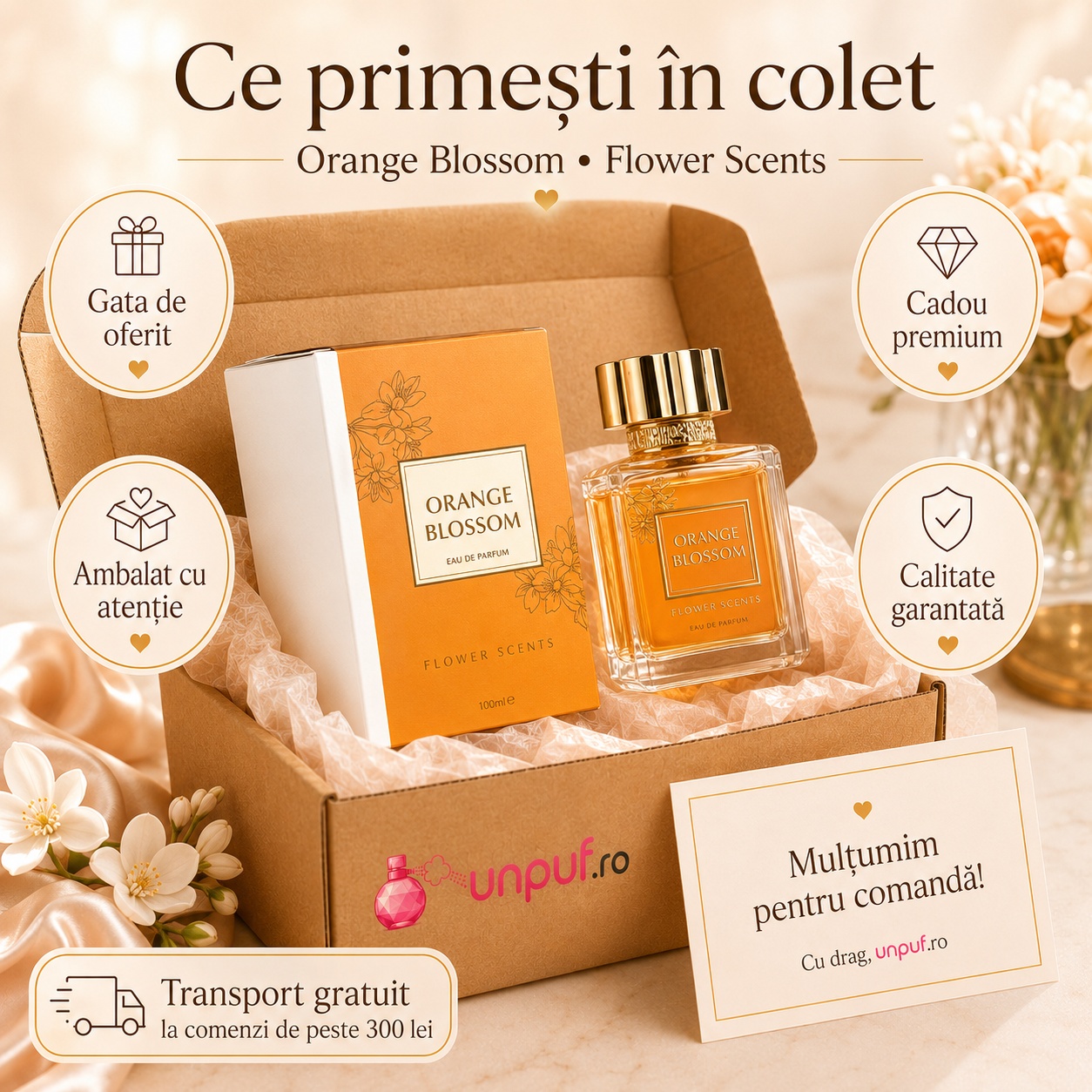 Ce primești în colet la parfumul Flower Scents Orange Blossom, ambalaj premium și cadou elegant