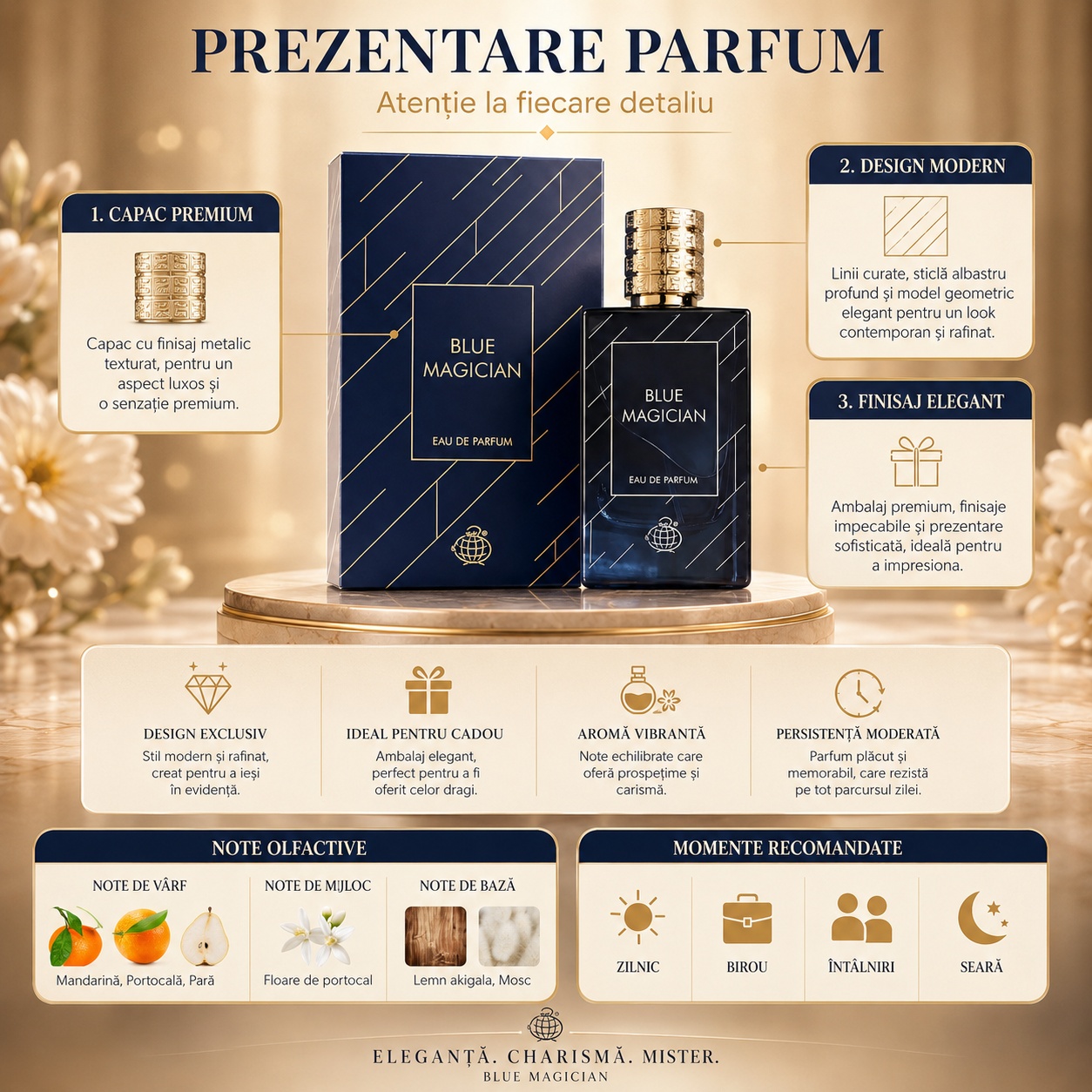 Prezentare parfum Blue Magician Fragrance World cu detalii despre ambalaj, design și note olfactive