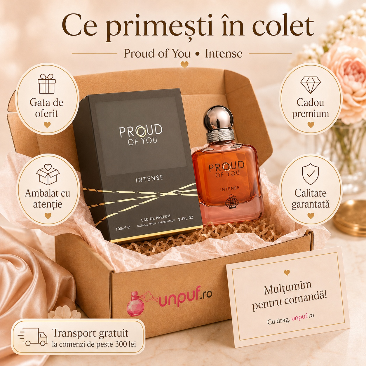 Ce primești în colet Fragrance World Proud Of You Intense 100 ml, parfum sigilat și ambalat cu atenție