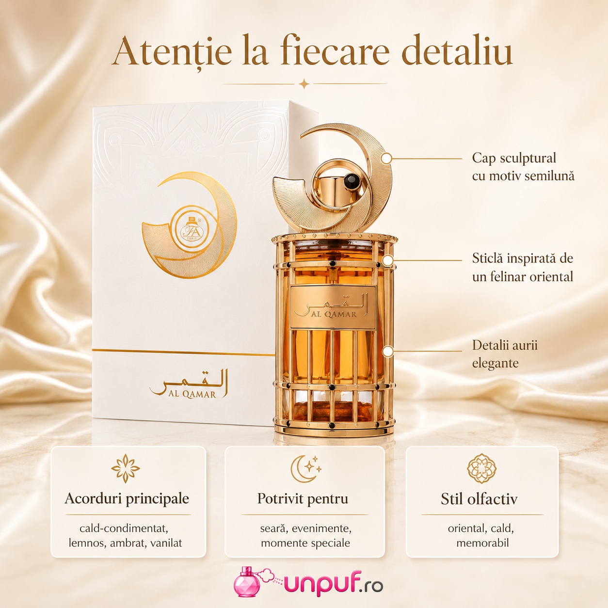 Prezentare parfum French Avenue Al Qamar cu cap sculptural semilună, sticlă inspirată de felinar oriental și detalii aurii elegante