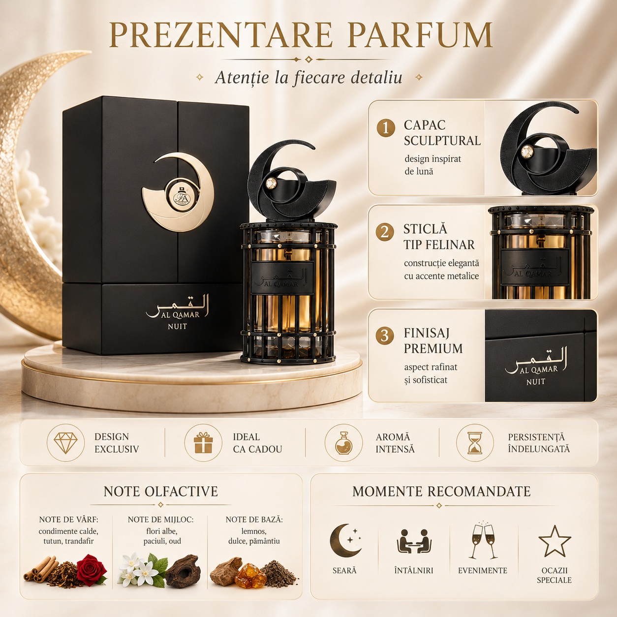 Prezentare parfum Al Qamar Nuit French Avenue cu detalii premium, capac sculptural, sticlă elegantă și note olfactive