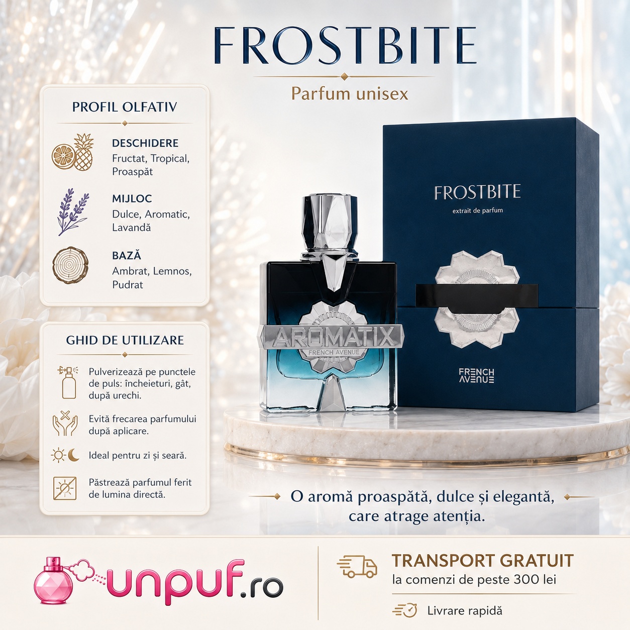 Profil olfactiv Aromatix Frostbite cu deschidere fructată tropicală, mijloc dulce aromatic și bază ambrată lemnoasă pudrată