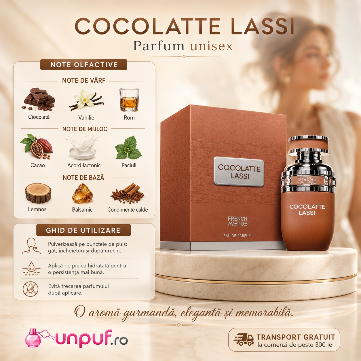 Note olfactive Cocolatte Lassi French Avenue cu ciocolată, vanilie, rom, cacao, acord lactonic, paciuli, lemnos și balsamic