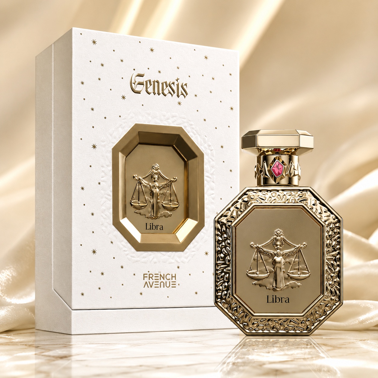 Parfum Arăbesc Genesis Libra French Avenue 90 ml cu sticlă aurie elegantă și cutie albă premium