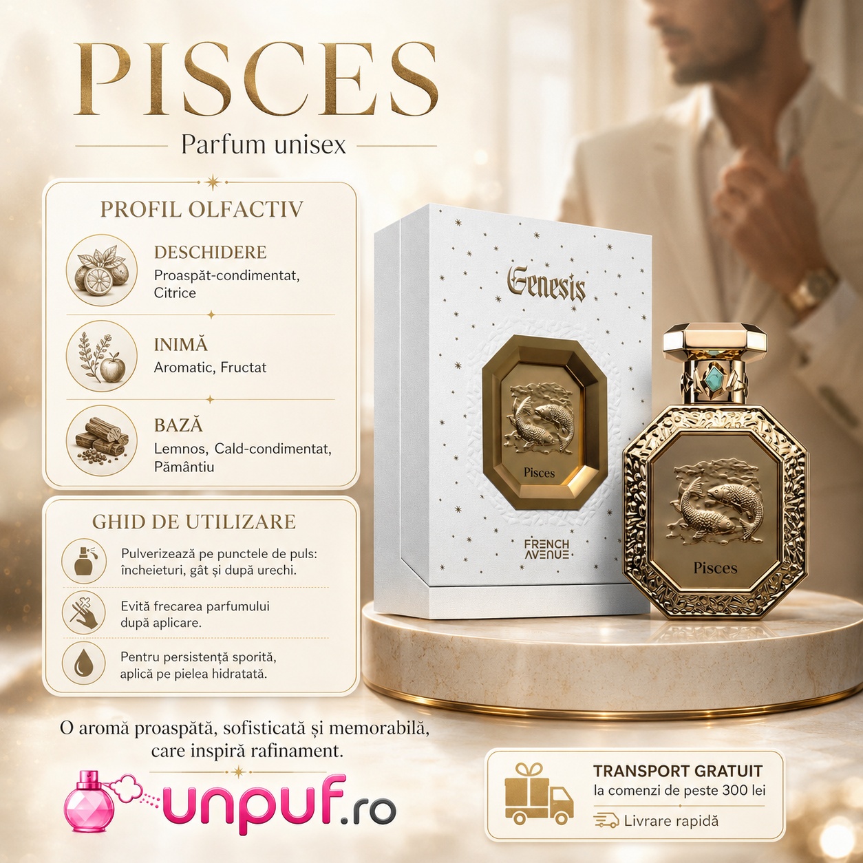 Profil olfactiv Genesis Pisces French Avenue cu deschidere proaspăt condimentată, inimă aromatic fructată și bază lemnoasă păm&acirc;ntie