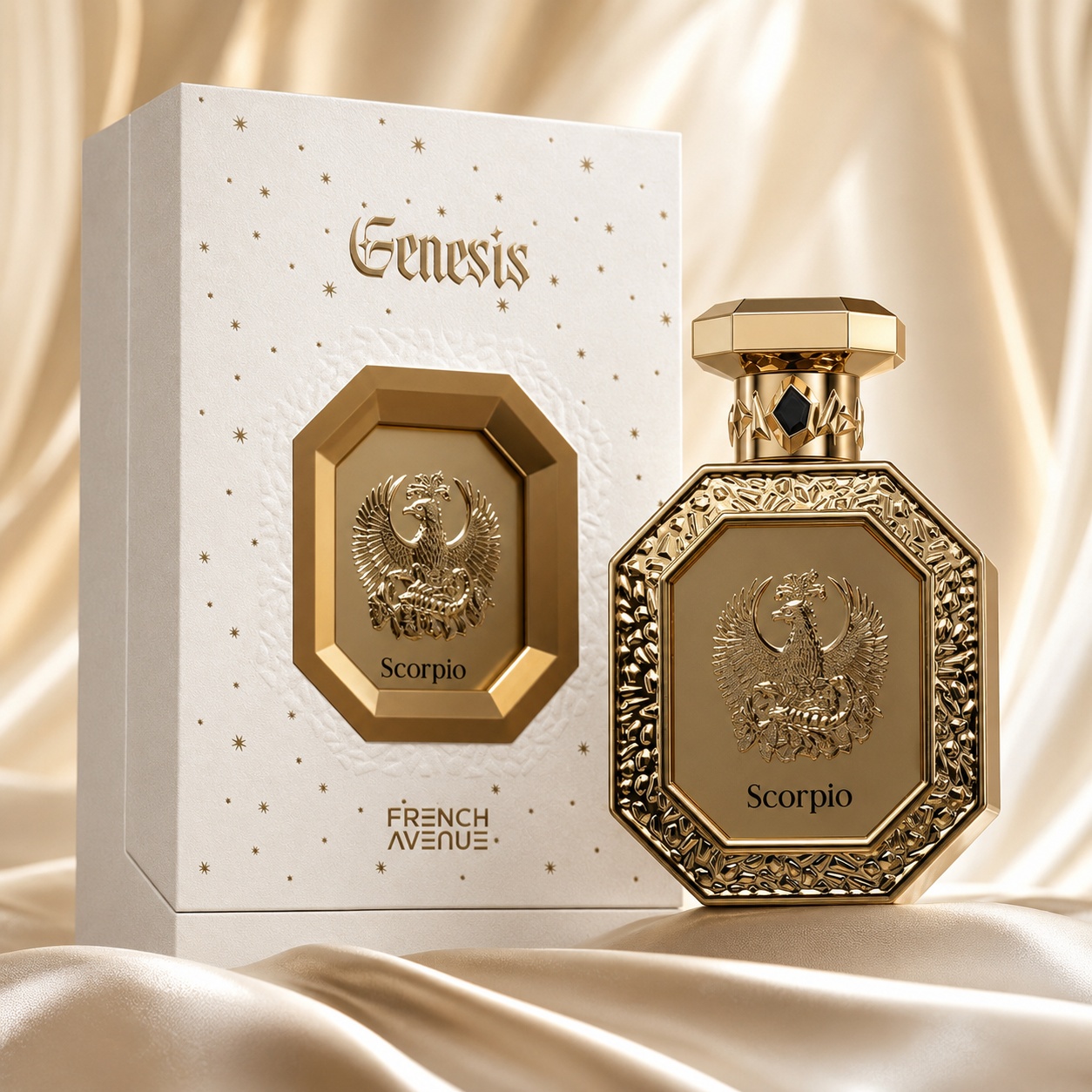 Parfum Arăbesc Genesis Scorpio French Avenue 90 ml cu sticlă aurie elegantă și cutie albă premium