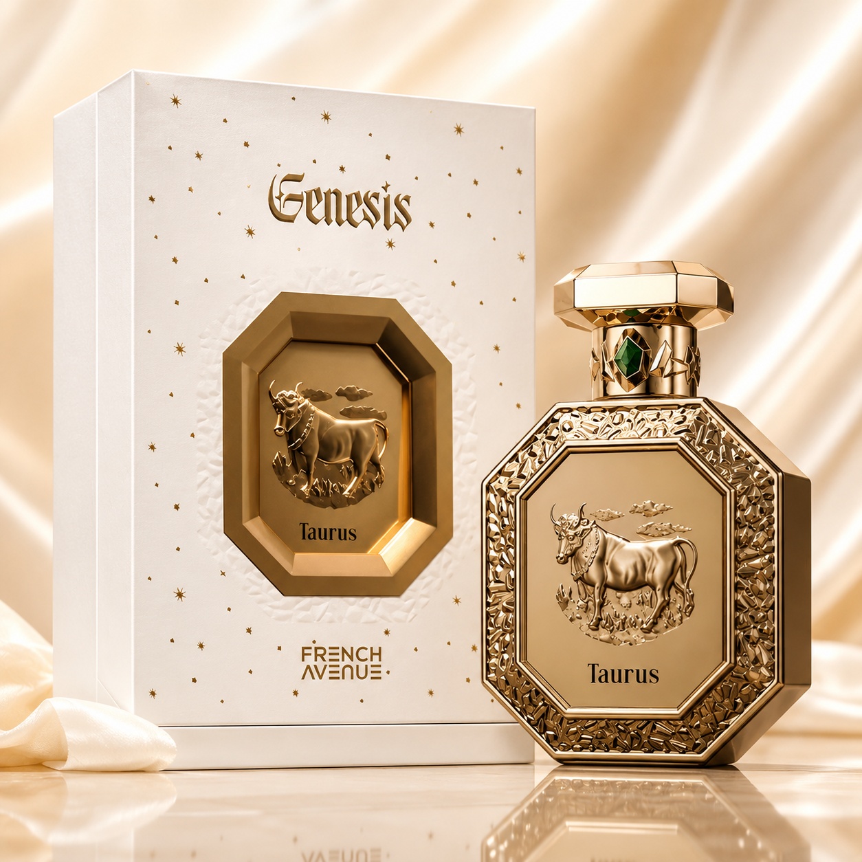 Parfum Arăbesc Genesis Taurus French Avenue 90 ml cu sticlă aurie elegantă și cutie albă premium