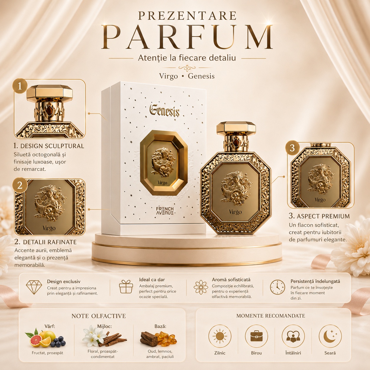 Prezentare parfum Genesis Virgo French Avenue cu design sculptural, detalii rafinate, aspect premium și note olfactive