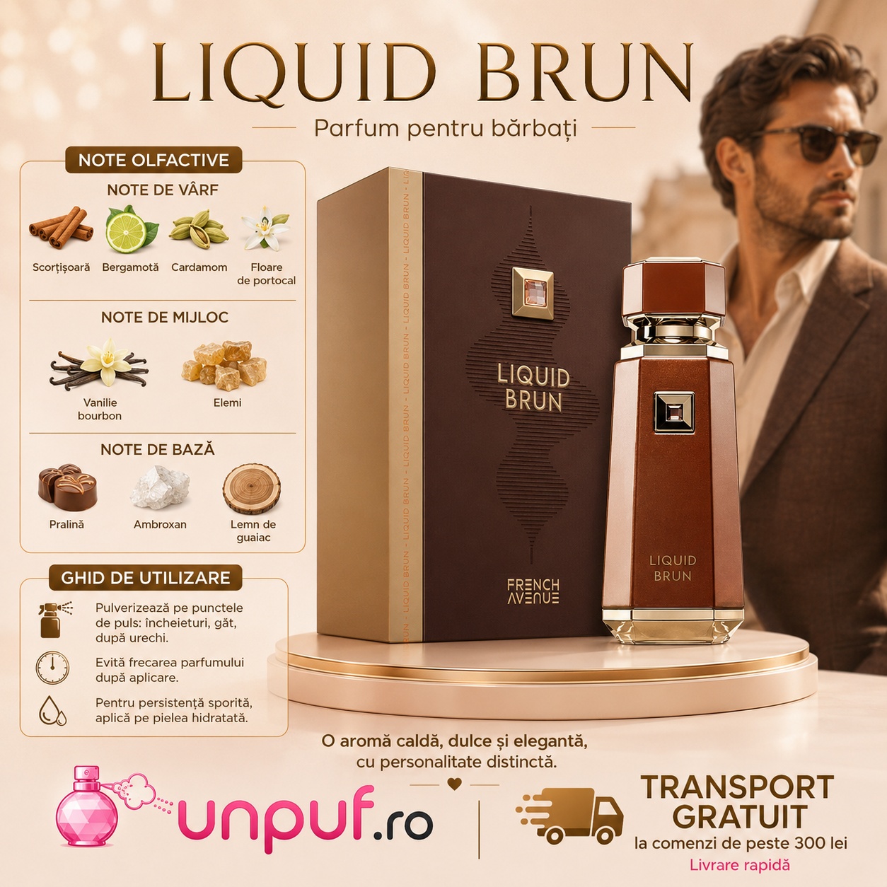 Note olfactive Liquid Brun French Avenue cu scorțișoară, bergamotă, cardamom, floare de portocal, vanilie bourbon, elemi, pralină, ambroxan și lemn de guaiac