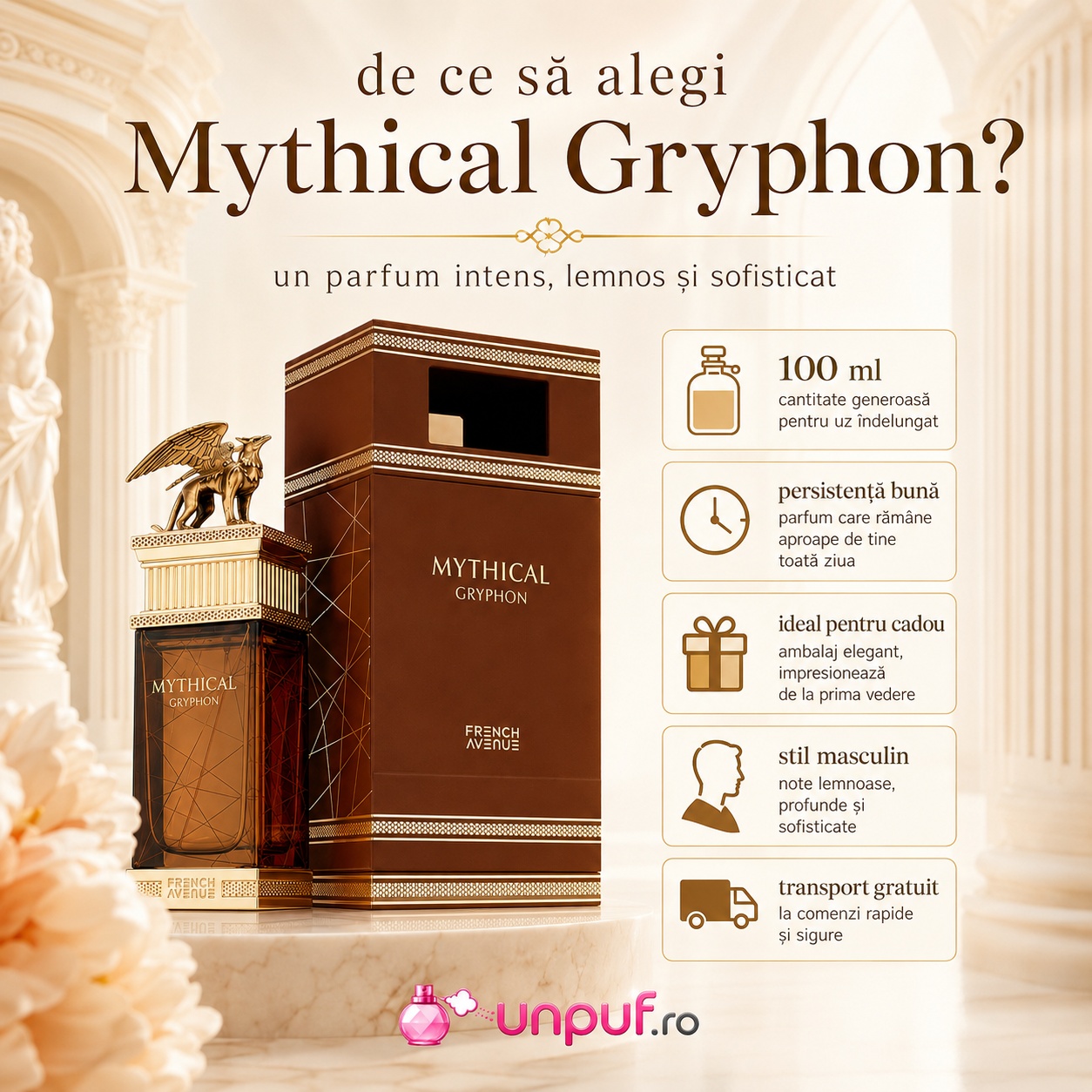 De ce să alegi Mythical Gryphon French Avenue, parfum intens, lemnos și sofisticat cu sticlă premium