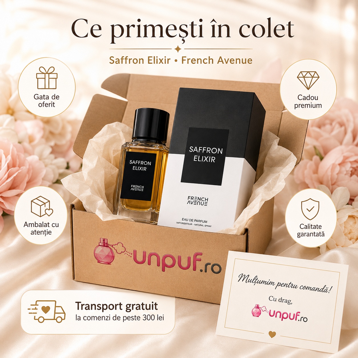Ce primești &icirc;n colet Saffron Elixir French Avenue 100 ml ambalat cu atenție cadou premium unpuf.ro