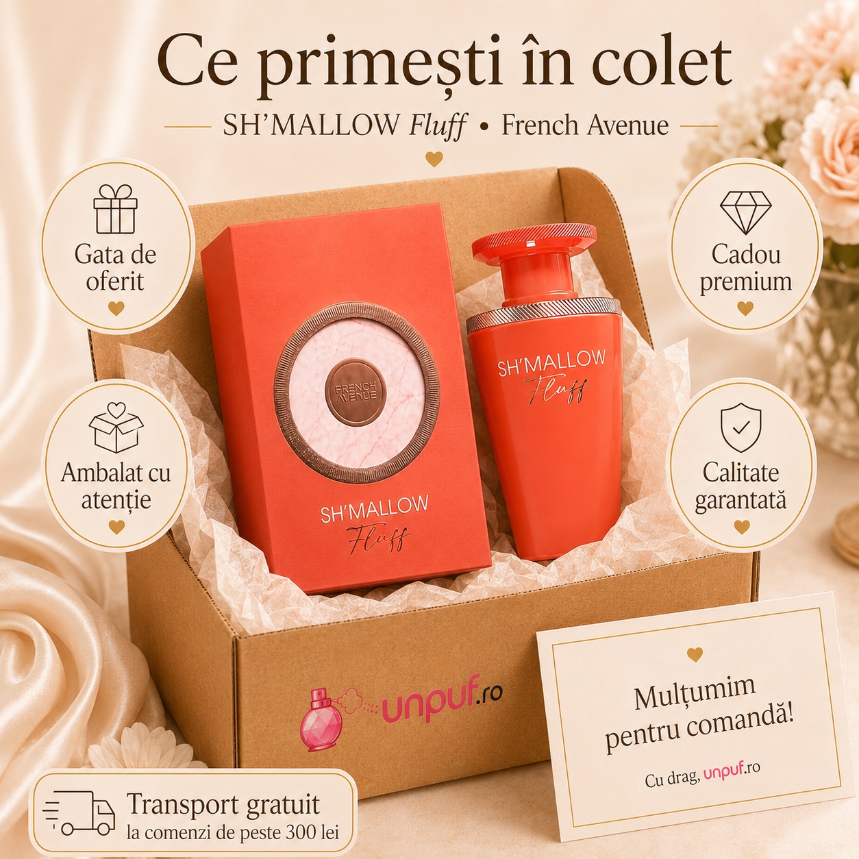 Ce primești &icirc;n colet Shmallow Fluff French Avenue 100 ml ambalat cu atenție cadou premium unpuf.ro