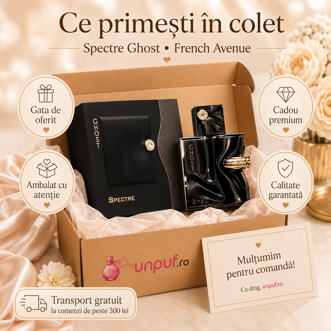 Ce primești &icirc;n colet Spectre Ghost French Avenue 80 ml parfum premium pentru bărbați unpuf.ro