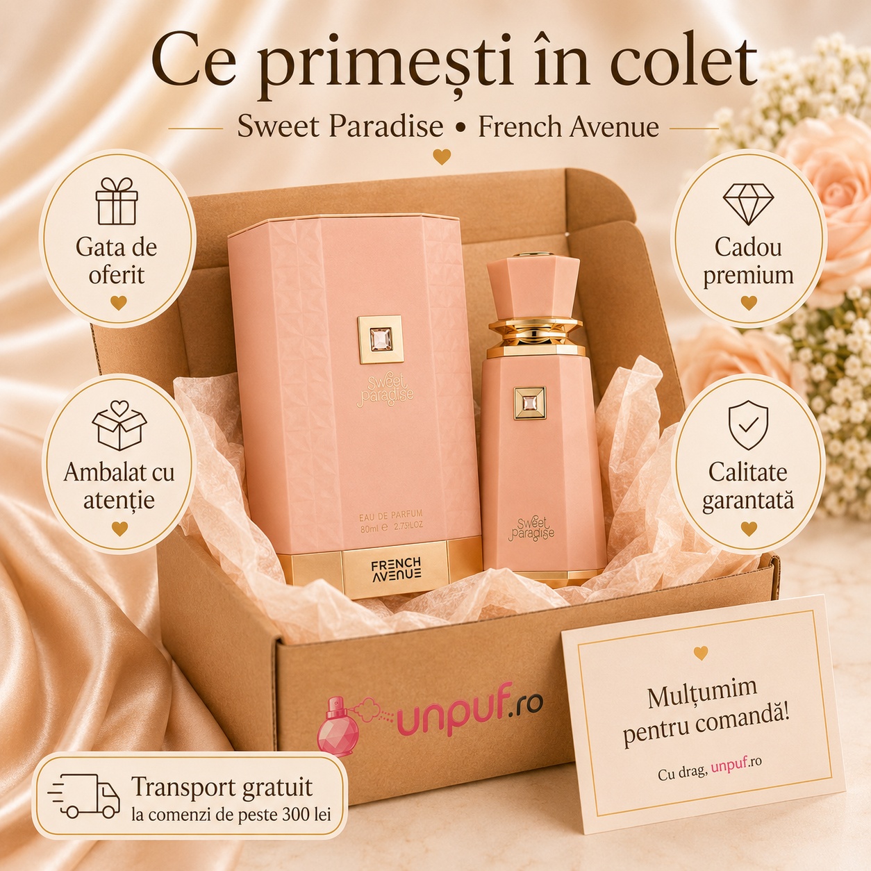 Ce primești &icirc;n colet Sweet Paradise French Avenue parfum cadou premium pentru femei unpuf.ro