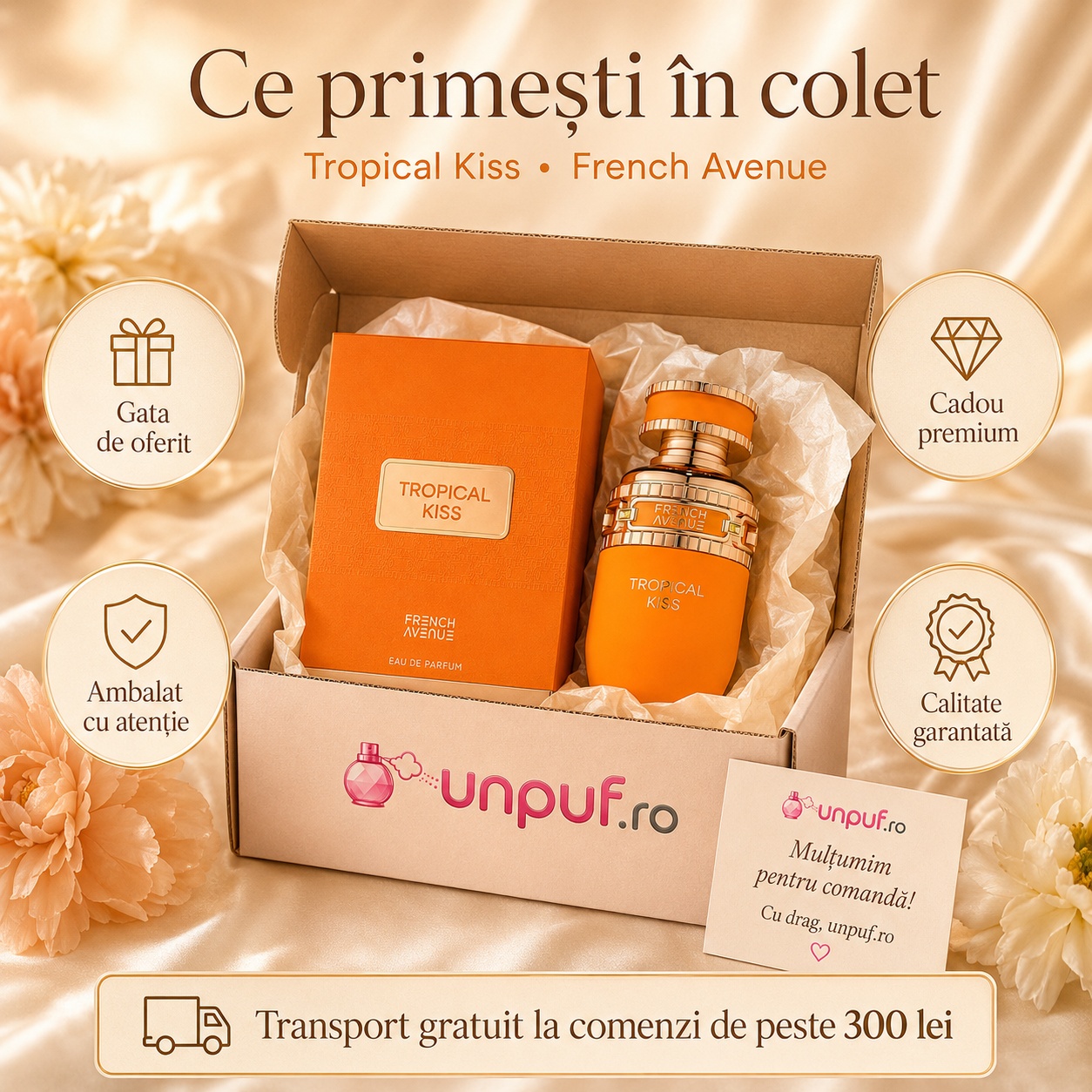 Ce primești &icirc;n colet Tropical Kiss French Avenue 80 ml ambalat cu atenție cadou premium unpuf.ro