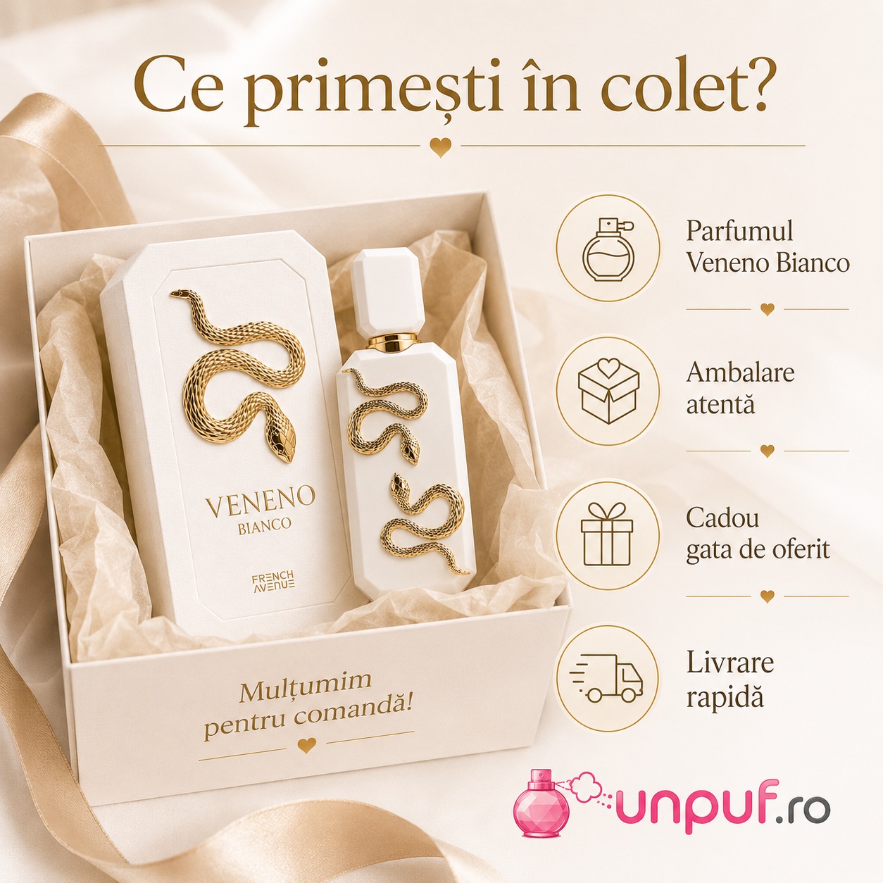 Ce primești &icirc;n colet Veneno Bianco French Avenue 100 ml ambalare atentă cadou gata de oferit livrare rapidă