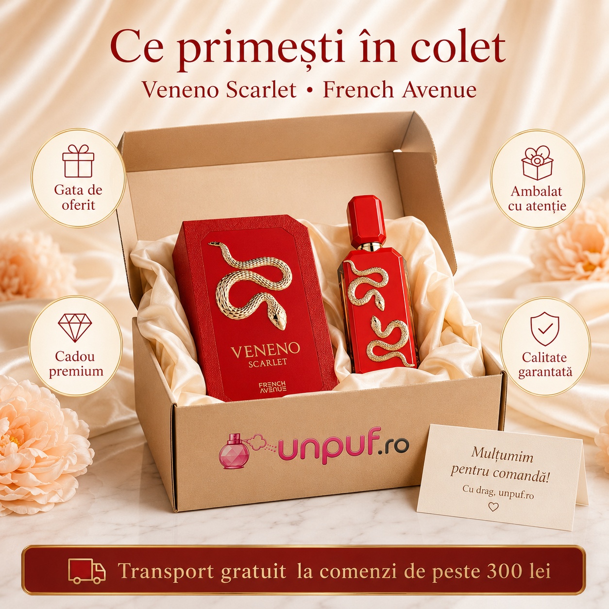Ce primești &icirc;n colet Veneno Scarlet French Avenue 100 ml ambalat cu atenție cadou premium unpuf.ro