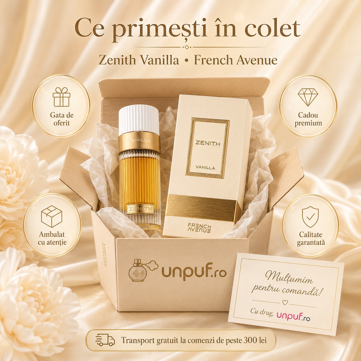 Ce primești în colet la French Avenue Zenith Vanilla, ambalaj premium UnPuf.ro și prezentare cadou