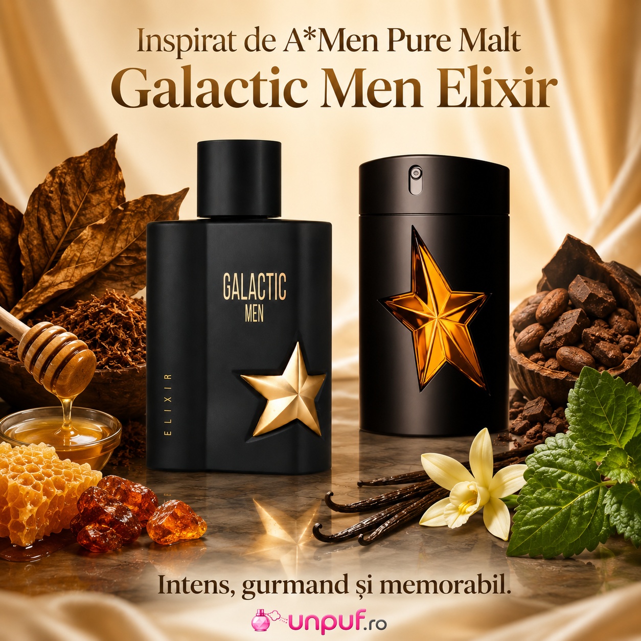 Galactic Men Elixir Maison Alhambra inspirat de A Men Pure Malt parfum intens gourmand și memorabil