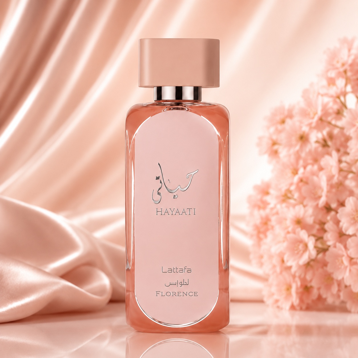 Flacon Hayaati Florence Lattafa 100 ml parfum damă cu sticlă roz delicată și capac roz pudrat