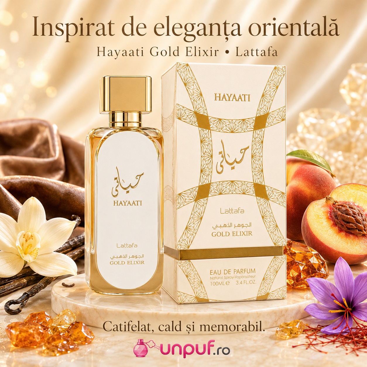 Hayaati Gold Elixir Lattafa inspirat de eleganța orientală, parfum unisex catifelat cald și memorabil