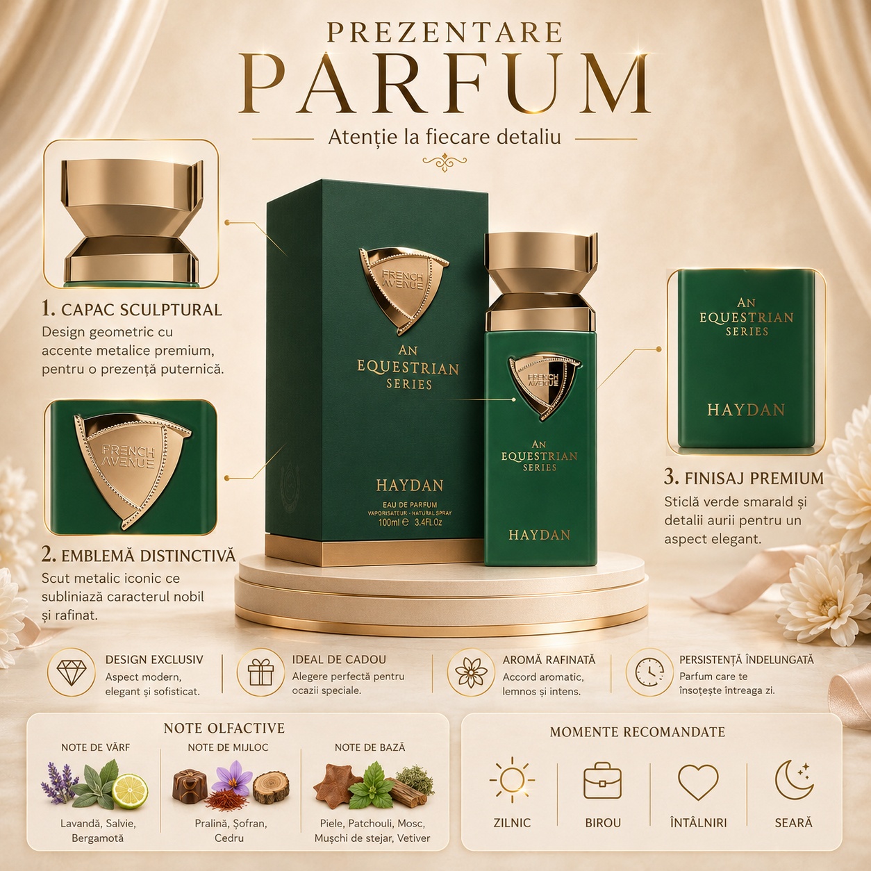 Prezentare parfum Haydan French Avenue capac sculptural emblemă distinctivă finisaj premium note olfactive și momente recomandate