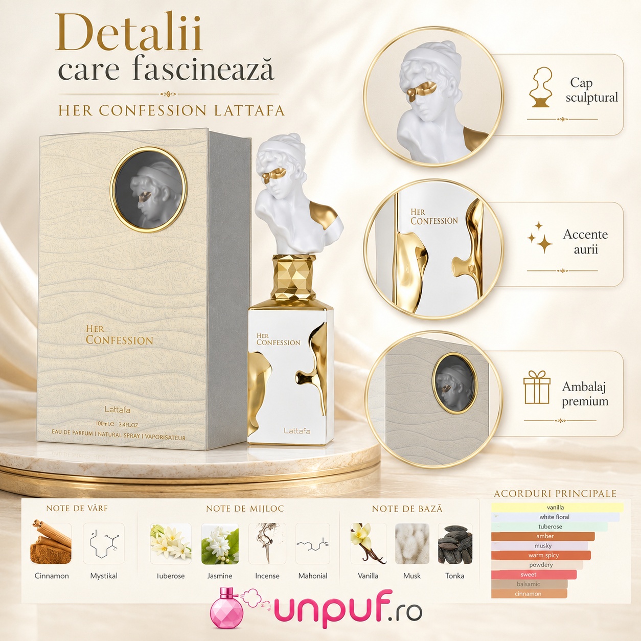 Detalii parfum Her Confession Lattafa design alb auriu capac sculptural accente aurii și ambalaj premium