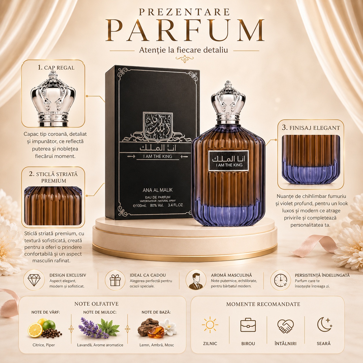 Prezentare premium I Am The King Ard Al Zaafaran cu capac tip coroană, sticlă striată, finisaj elegant și note olfactive