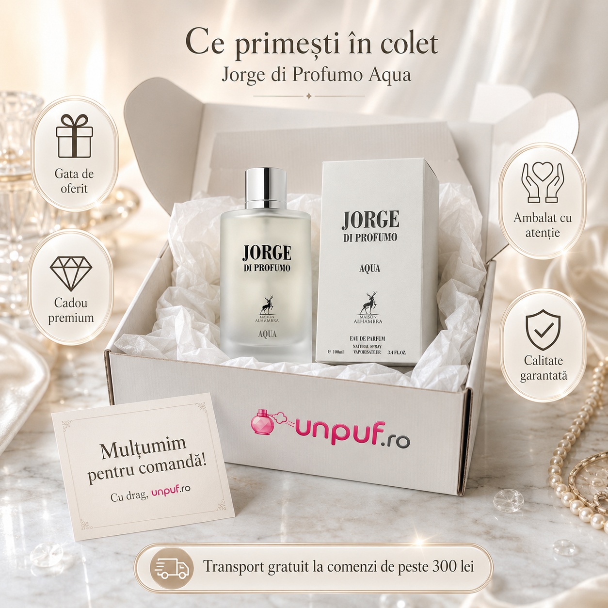 Ce primești &icirc;n colet Jorge Di Profumo Aqua Maison Alhambra 100 ml ambalat cu atenție cadou premium unpuf.ro