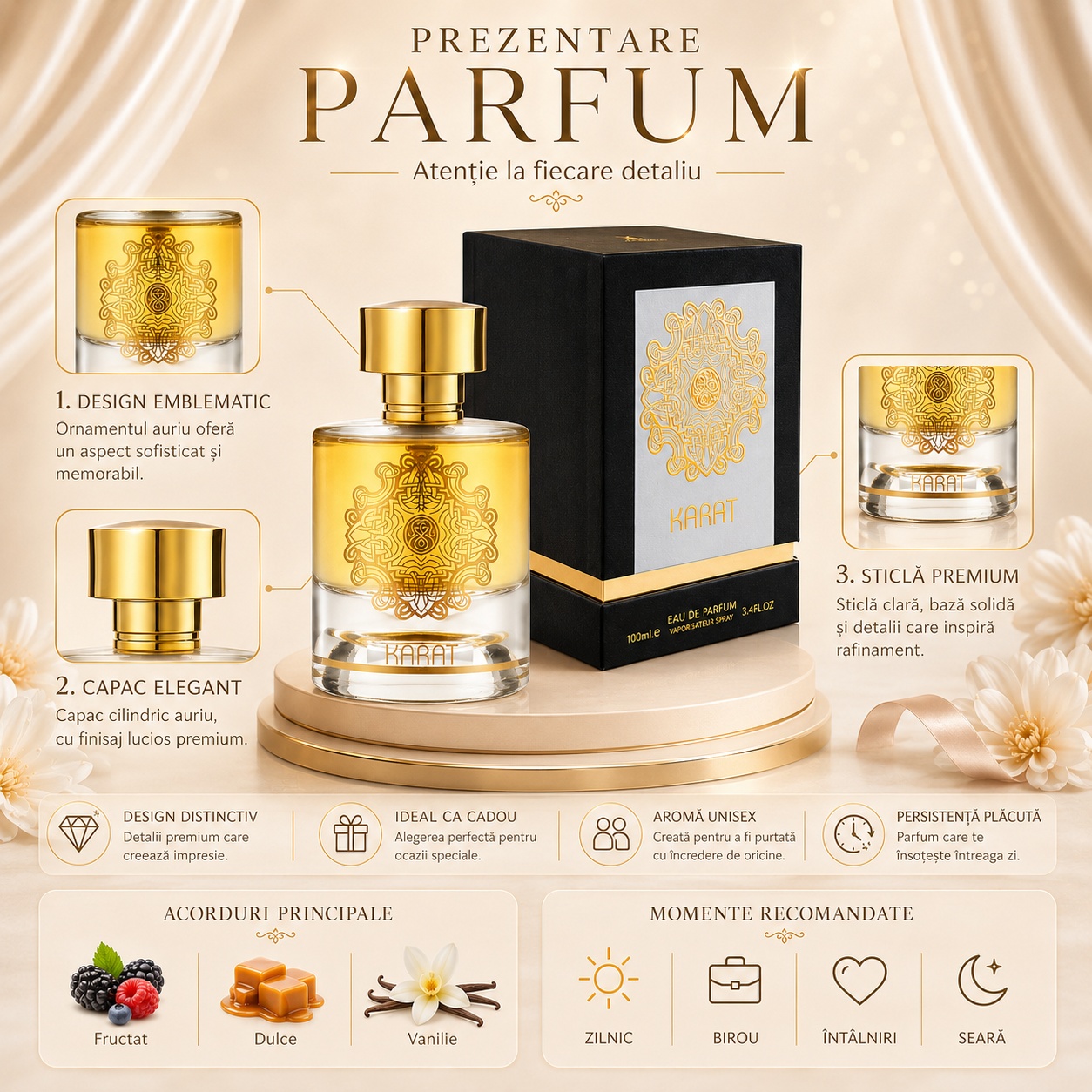 Prezentare parfum Karat Maison Alhambra acorduri principale fructat dulce vanilie cadou premium
